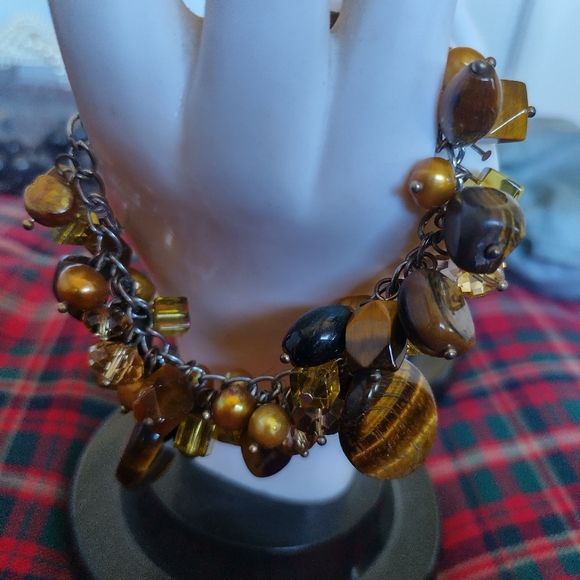 Necklace and Bracelet Set, Tiger's Eye,  champagne pearl and crystal elements - Picture 6 of 9